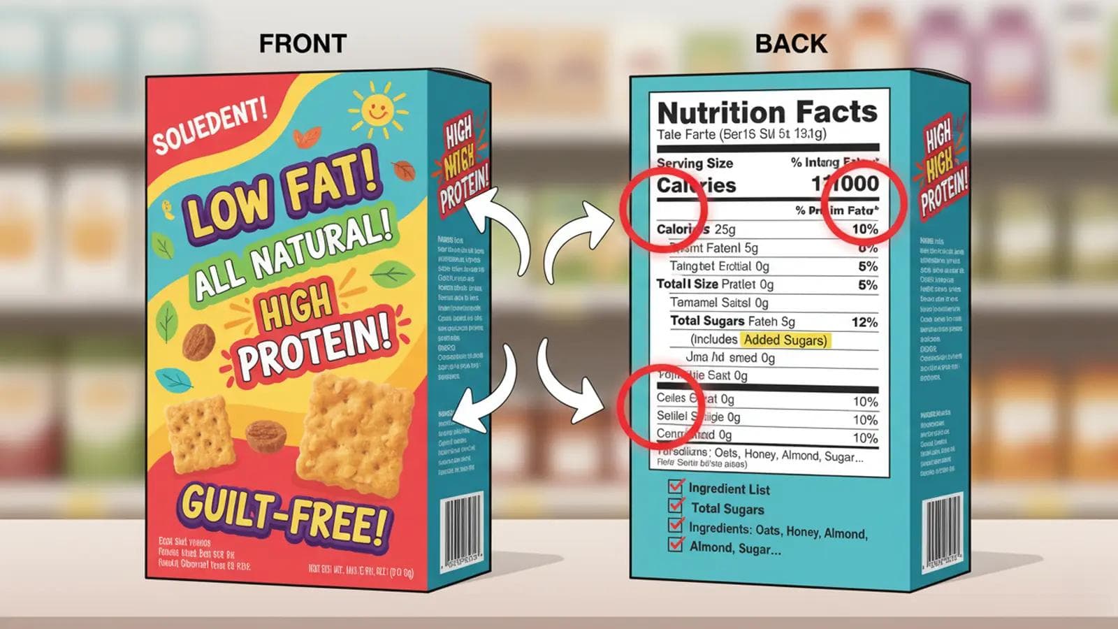 How to Read Nutrition Labels: Essential Guide A side-by-side comparison of a food package showing misleading marketing on the front and factual nutrition labels on the back.