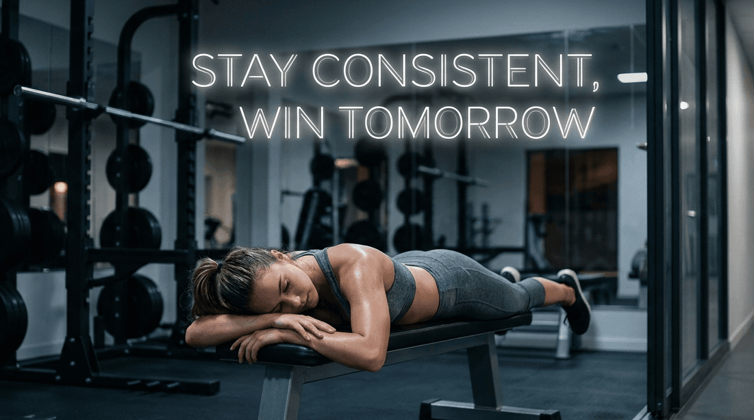 40 Essential Gym Motivation Quotes to Never Quit Again A woman in grey athletic wear rests face down on a gym weight bench, sweat glistening on her skin. Above her, a neon sign reads 'STAY CONSISTENT, WIN TOMORROW'. In the background, there's a squat rack with weight plates and reflections in a mirror.