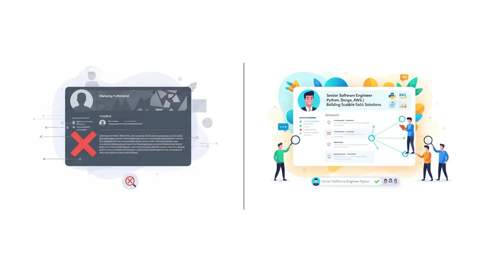 LinkedIn Optimization: Essential Guide for Recruiters Comparison of a generic, rejected resume versus an optimized profile for a Senior Software Engineer with key skills.