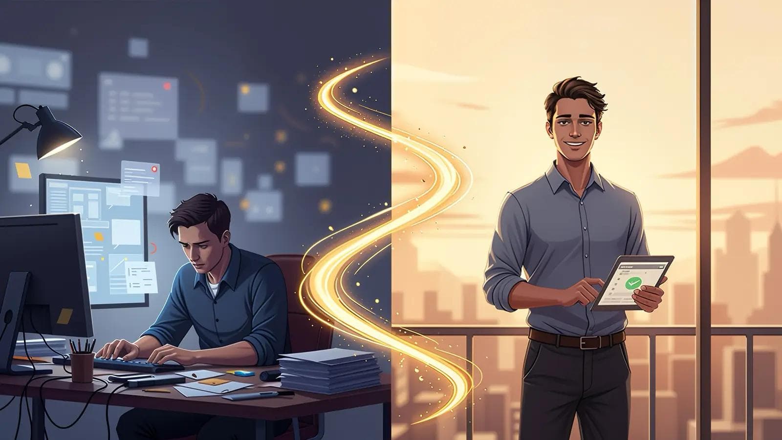 Copywriting 101: 5 Persuasive Writing Techniques to Sell Anything A man overwhelmed at a messy desk transforms into a confident entrepreneur with a tablet, symbolizing the power of effective copywriting.