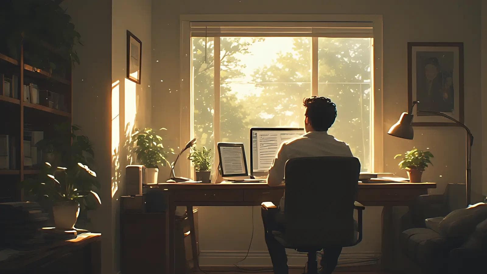 How to Beat 'Imposter Syndrome': 7 Strategies to Feel as Capable as You Are Person seen from behind, working on a laptop at a desk in a sunlit home office with plants and a window view.