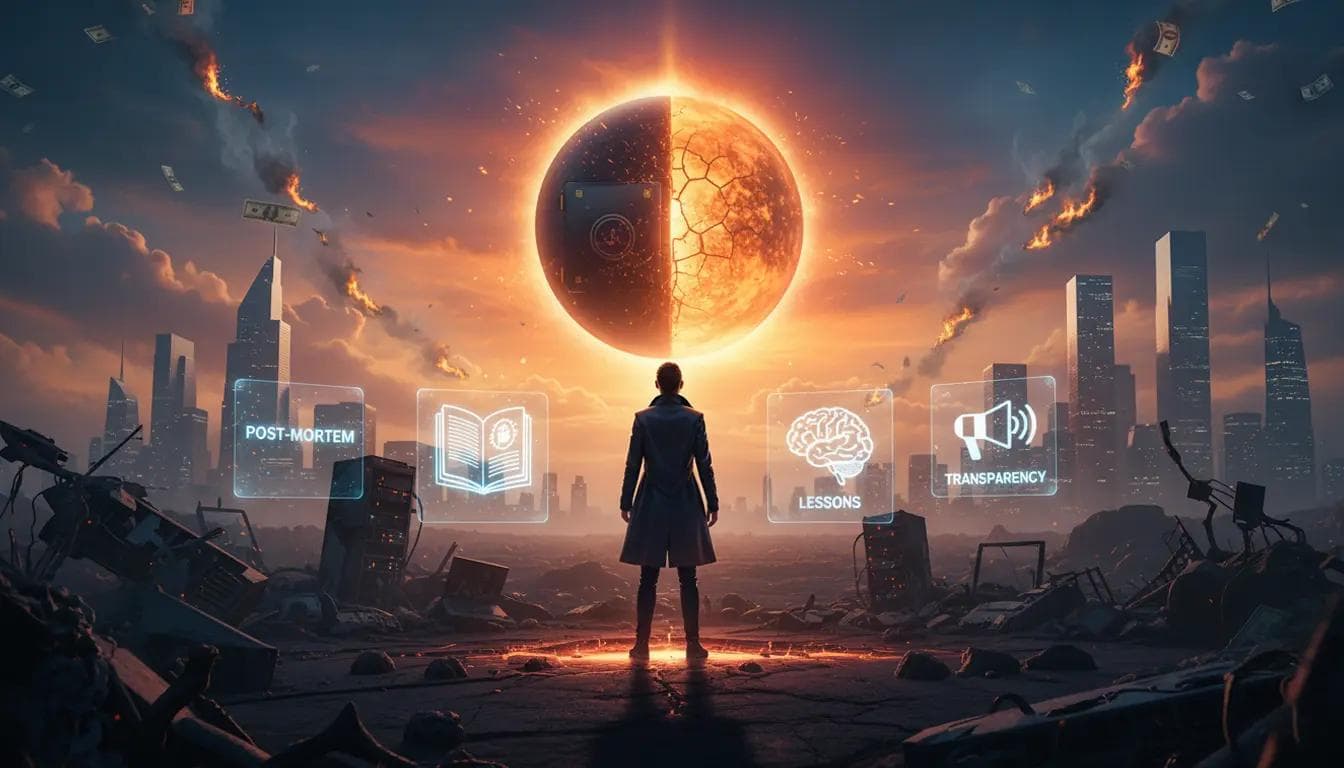 Bounce Back From Failure: 5 Steps for Entrepreneurs A lone figure stands before a cracking, fiery orb, representing a failed venture, surrounded by glowing recovery steps.