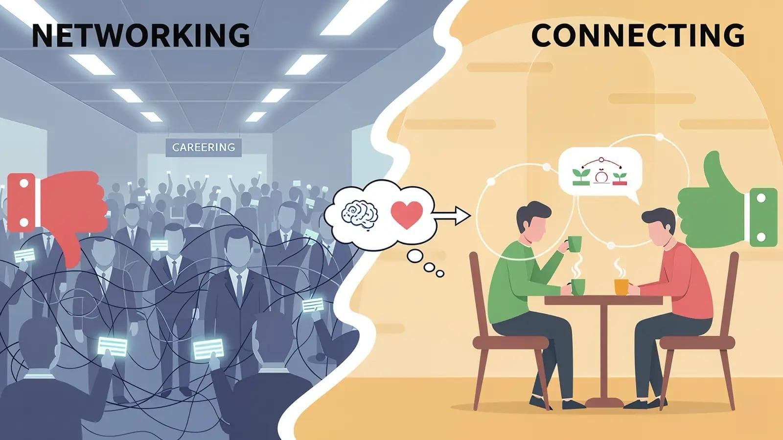 10+ Informational Interview Questions for Introverts Contrasting shallow "networking" with genuine "connecting" for introverts, showing real relationship-building over transactions.