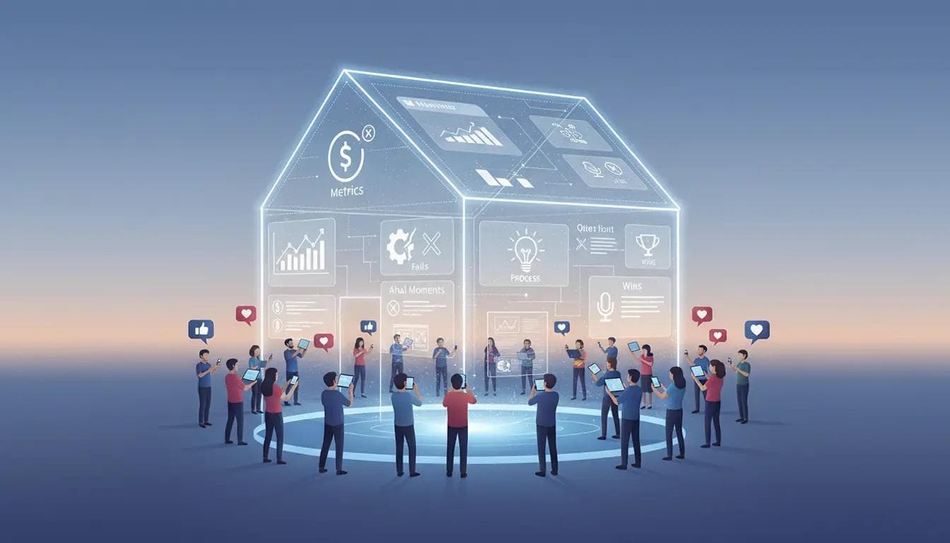 Building in Public: The Community Led Growth Strategy Digital art of a house glowing with startup metrics as people use devices, symbolizing the concept of building in public.