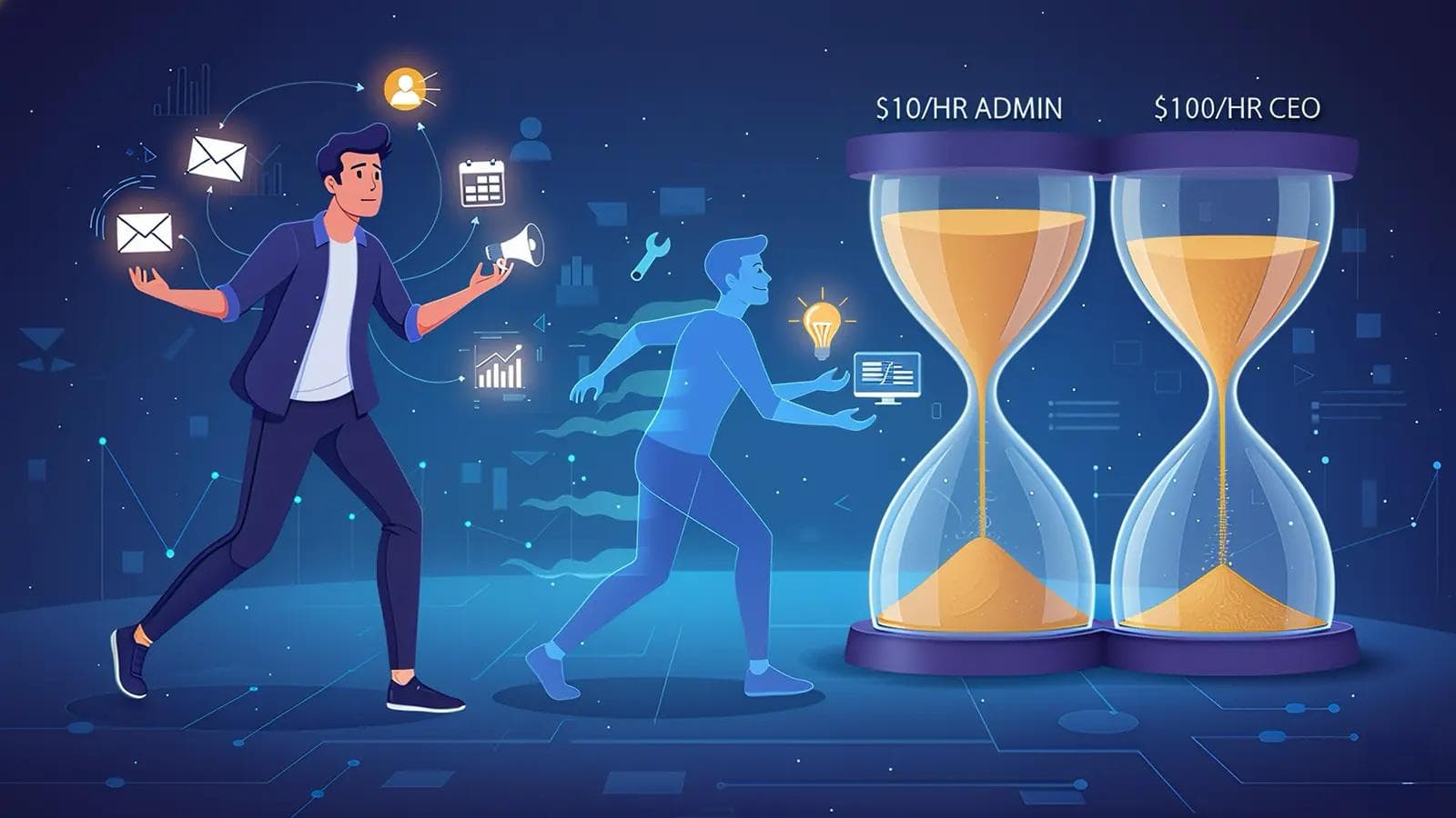 How to Hire a Virtual Assistant: The Solopreneur's Scaling Guide A stressed solopreneur juggles tasks as a virtual assistant ghost helps with admin work, illustrating smart time arbitrage.