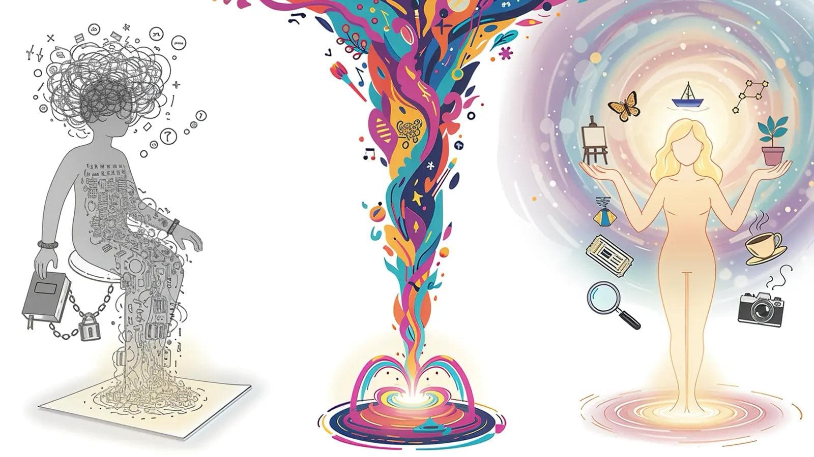 I Did Julia Cameron's Morning Pages for 30 Days — Here's What Changed Three-stage illustration: person trapped in restrictive thoughts, bursts of colorful creativity, and finally embracing artistic inspiration.