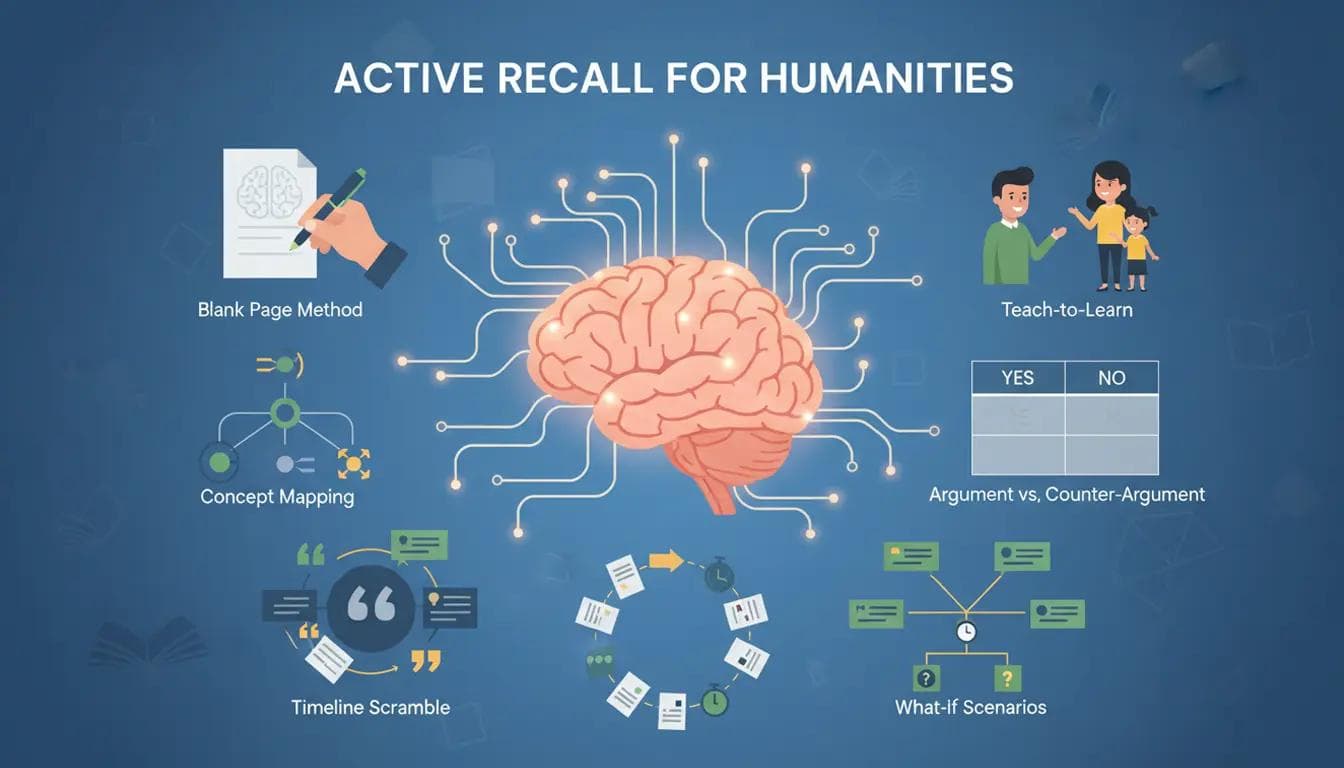How to Study Literature & History: Active Recall Without Flashcards Visual guide illustrating various active recall methods for humanities, all connected to a central brain icon for learning.