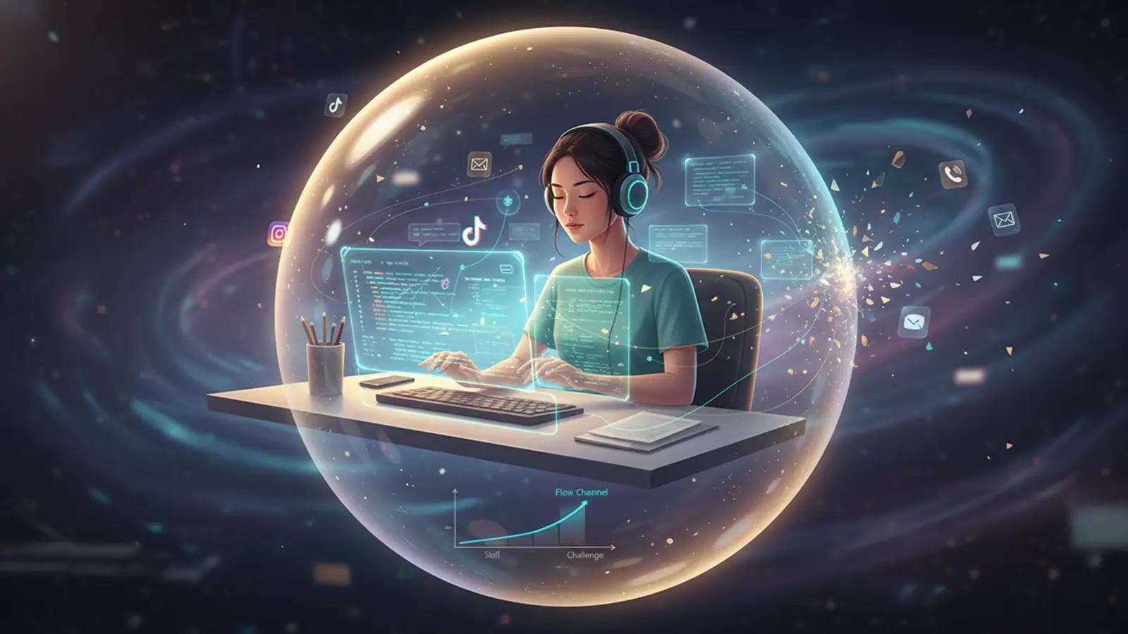 Psychology of Flow: How to Enter Flow State for Peak Focus Person coding with headphones inside a transparent focus bubble, surrounded by distractions—visualizing the Flow State.