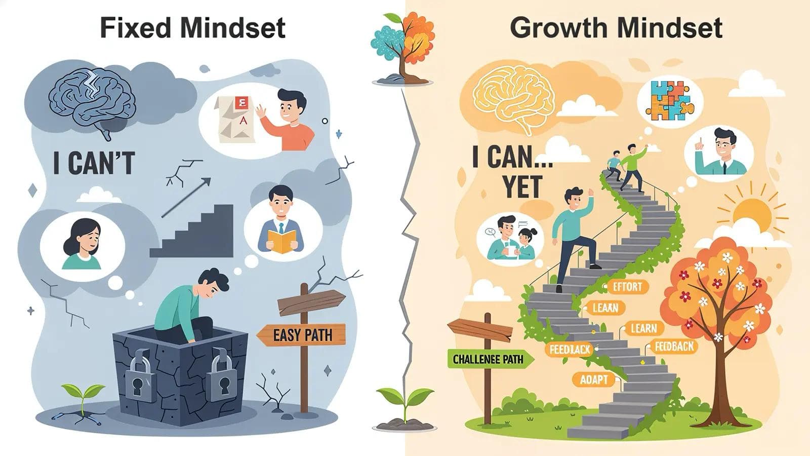 Growth Mindset: The Ultimate Guide to Overcome a Fixed Mindset Split illustration: left shows Fixed Mindset with limits and fear, right shows Growth Mindset with learning, effort, and progress.