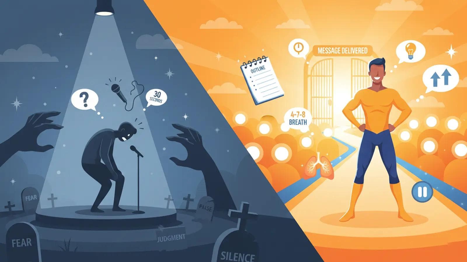 Overcoming Glossophobia: 5 Steps to Conquer Public Speaking Fear Contrast between public speaking fear and a confident speaker using breathing techniques and outlines to succeed.
