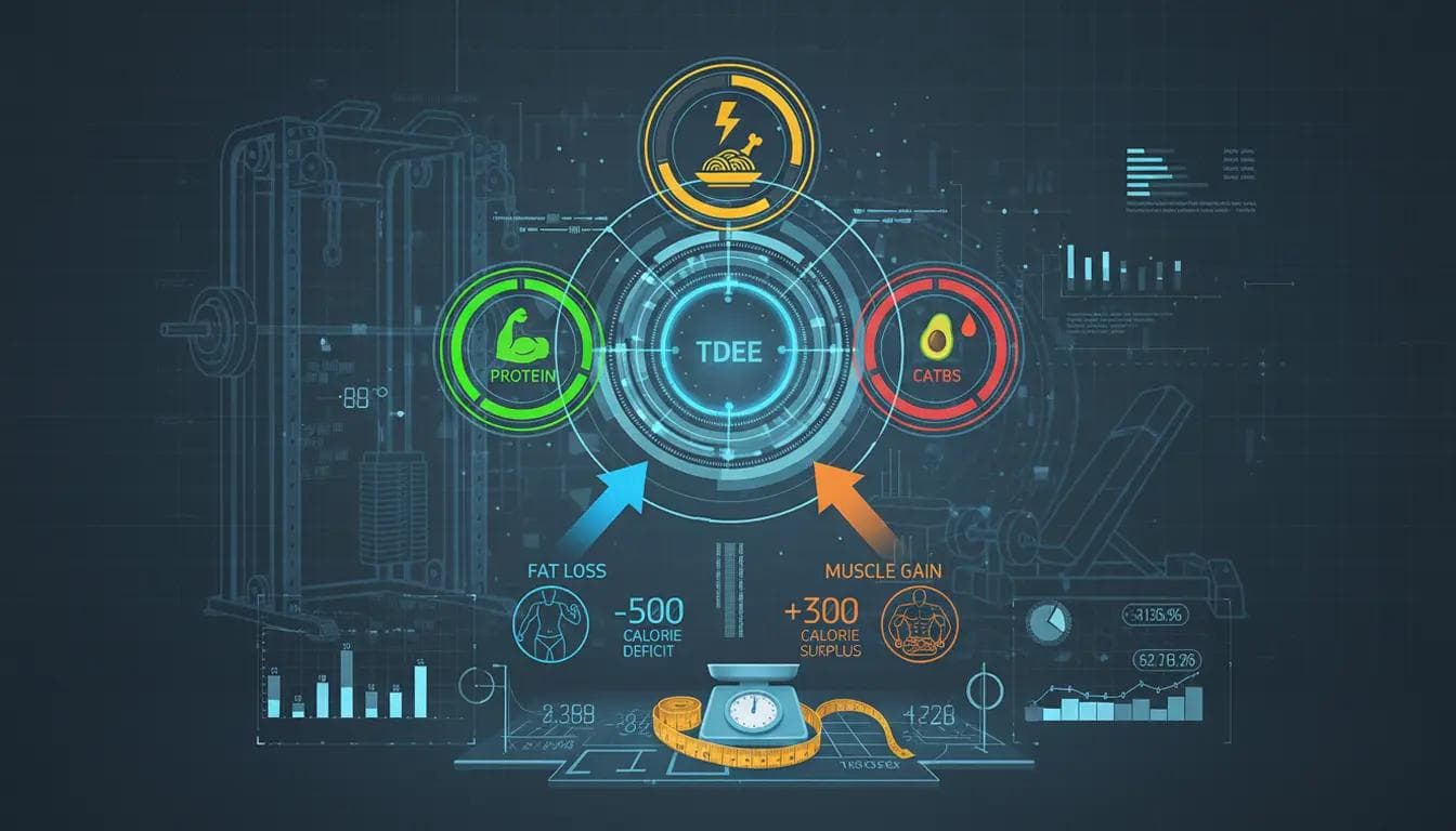 Macros for Fat Loss: Your Proven 3-Step How-To Guide Digital art infographic showing TDEE, protein, fats, and carbs in a fitness context with gym equipment in the background setting.