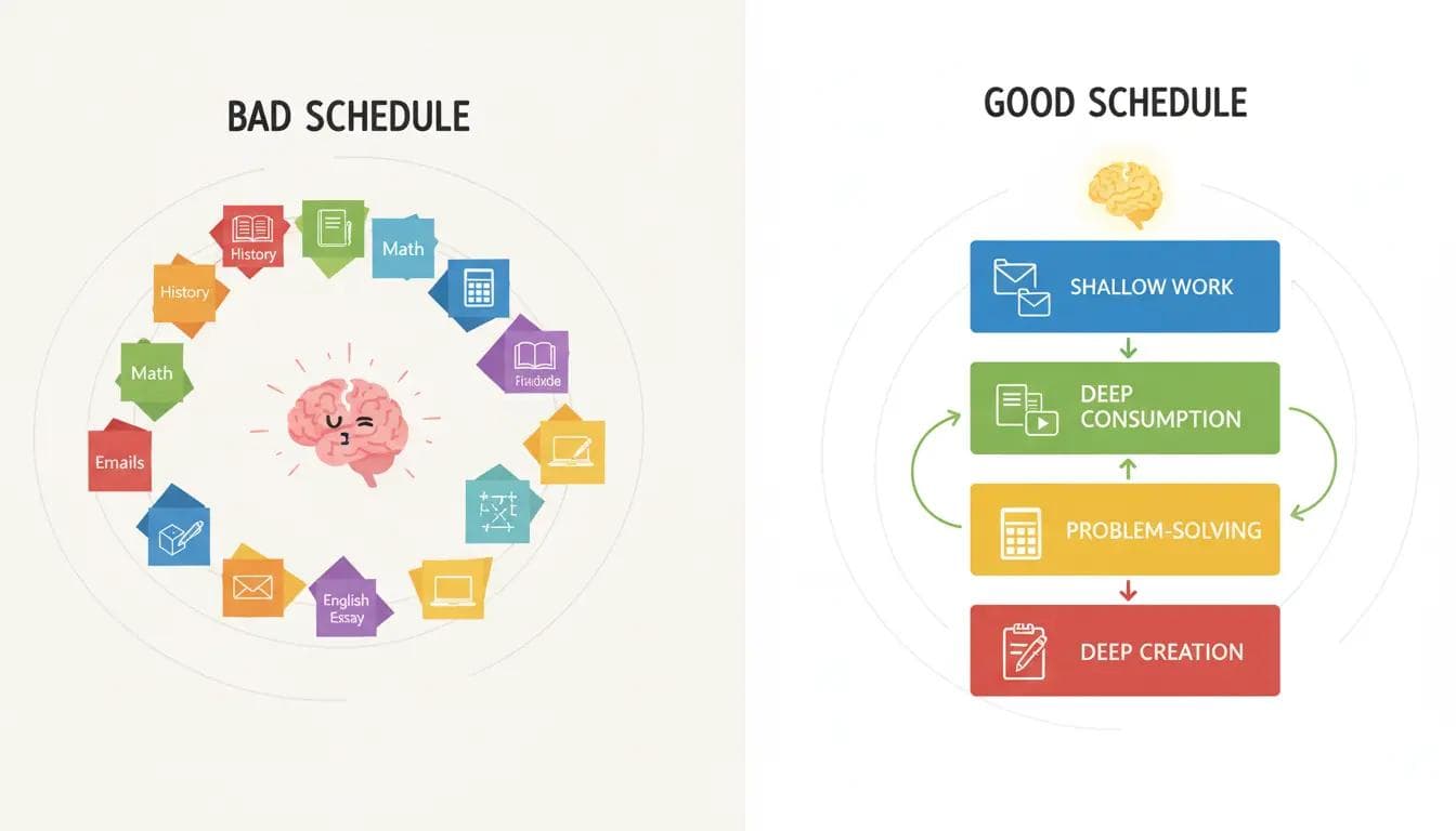 Task Batching for Students: Beat Context Switching Illustration comparing chaotic "context switching" with an organized, efficient "task batching" method for studying.