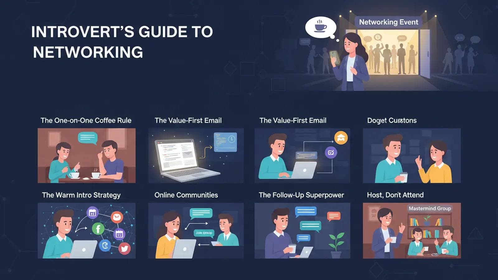Networking for Introverts: 7 Strategies to Build Connections Infographic outlining networking strategies for introverts, including one-on-one meetings and online communities.