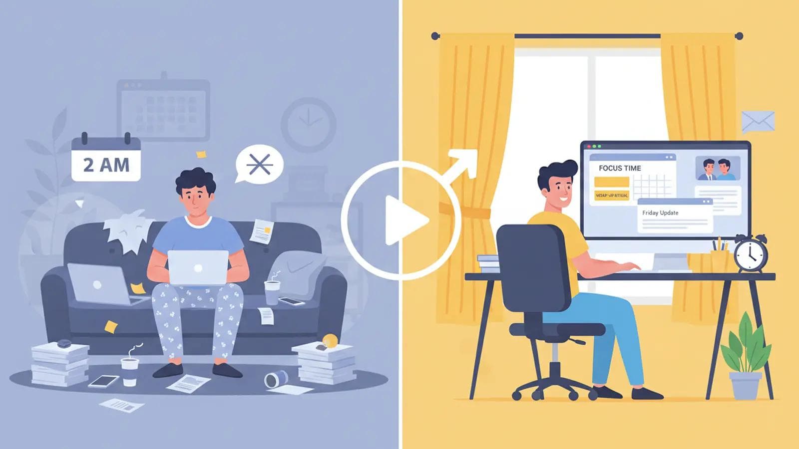 Remote Work Productivity: How to Get Promoted From Home Comparison of a messy late-night workspace at 2 AM versus an organized, focused daytime office environment.