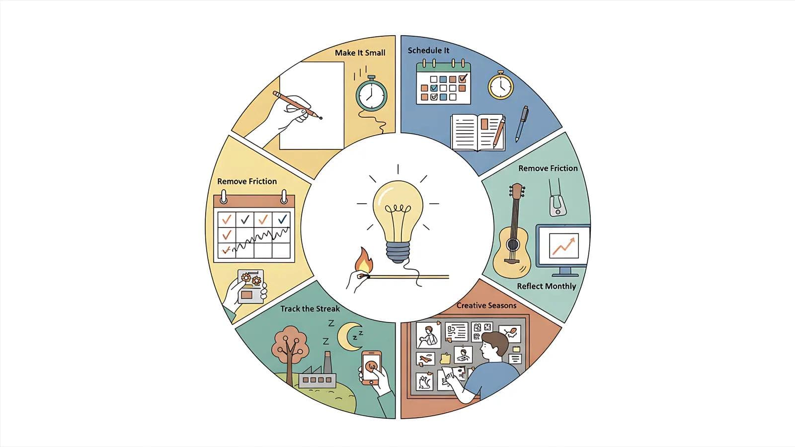 5 Essential Creativity Habits for Daily Inspiration A circular infographic shows 7 daily habits to boost creativity, with icons for writing, scheduling, and capturing ideas.
