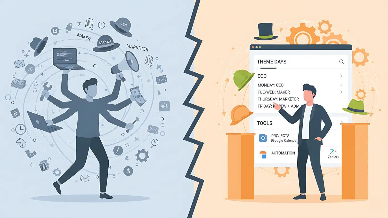 The Solopreneur’s Productivity System: How to Be CEO, Marketer, and Maker (Without Burning Out) Two-part illustration: overwhelmed solopreneur juggling multiple roles vs. calm, organized workflow with Theme Days and tools.