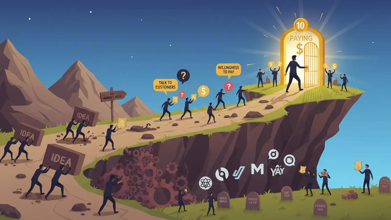 How to Validate Your Business Idea: The Ultimate Guide Illustration showing the journey from raw ideas to paying customers, navigating market needs and business validation.