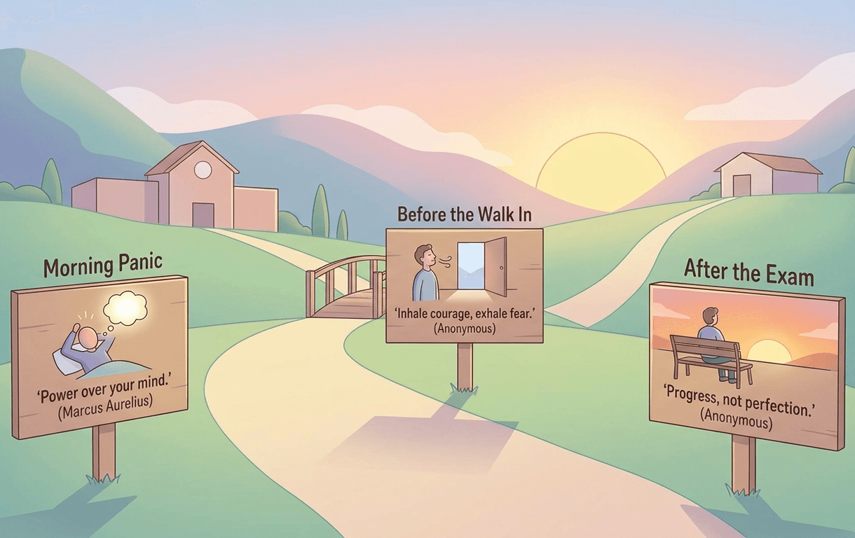 Essential Exam Morning Quotes: 50 for Instant Calm A serene illustration showing a winding path leading to a school, symbolizing an exam day journey. Three signs along the path provide motivation for distinct moments: the "Morning Panic" (mind power), "Before the Walk In" (inhaling courage), and "After the Exam" (progress).