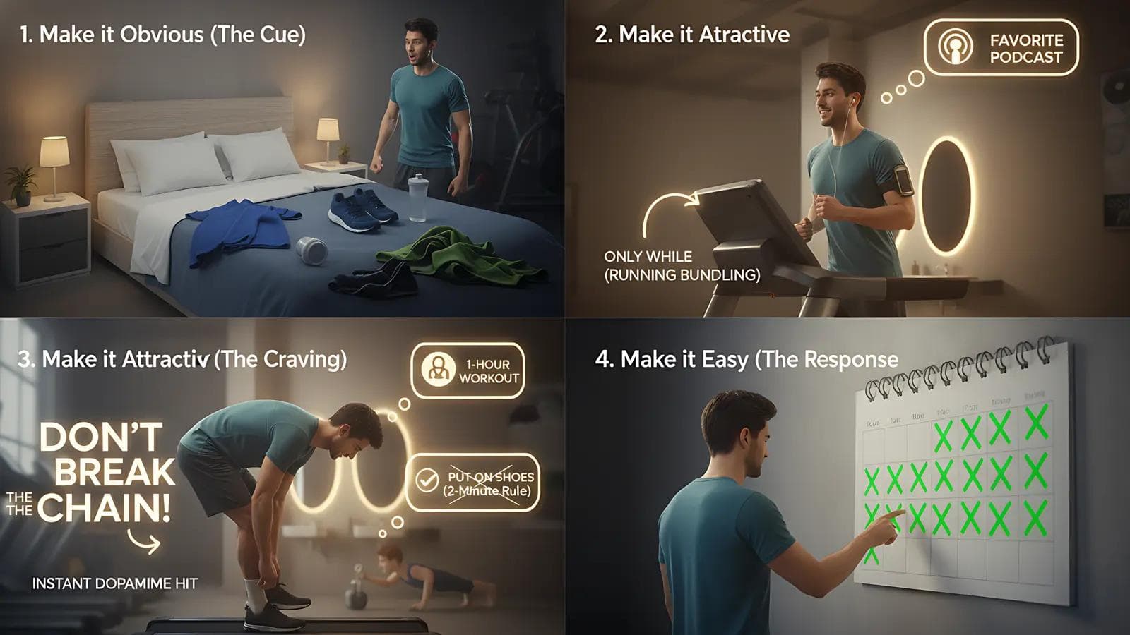 The 'Consistency Code': How to Build a Workout Habit That Actually Sticks Four-panel image showing habit building: Obvious (clothes ready), Attractive (podcast while running), Small steps, Easy (calendar tracking).