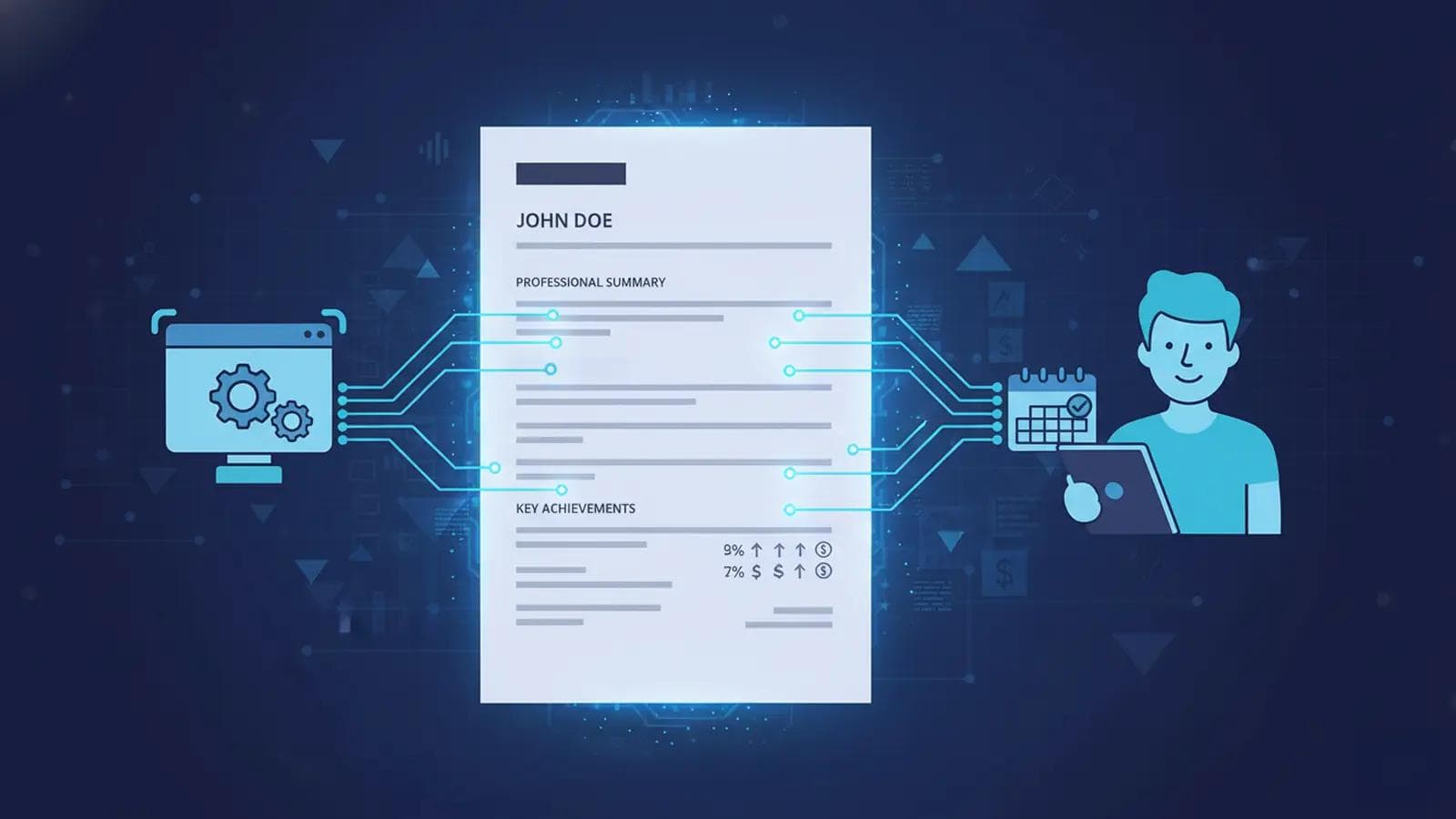 Modern Resume Templates & Writing Tips for 2026 A modern resume links digitally to an AI screening system and a hiring manager, symbolizing the dual audience of job applications.