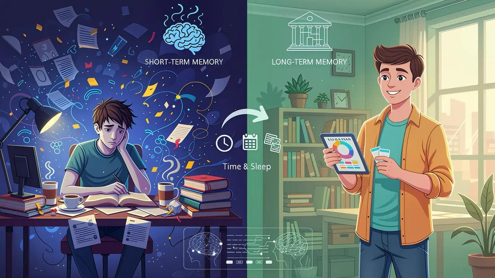 4-Week Study Plan for Exams: The Anti-Cramming Guide A stressed student crams at night while a calm one studies with a plan, showing how time and sleep improve long-term memory.