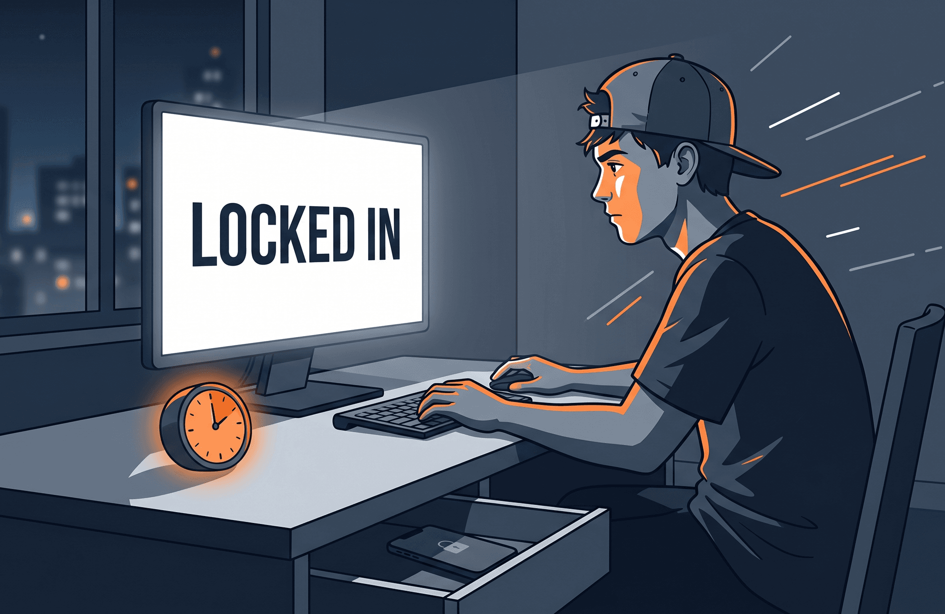 Lock In Quotes: 50 Focus & Discipline Mantras That Actually Work An illustration of a young man wearing a baseball cap, sitting at his desk late at night and intensely focused on a glowing computer monitor that reads 'LOCKED IN'. An orange glowing clock sits on the desk, and a smartphone is locked away in an open drawer.