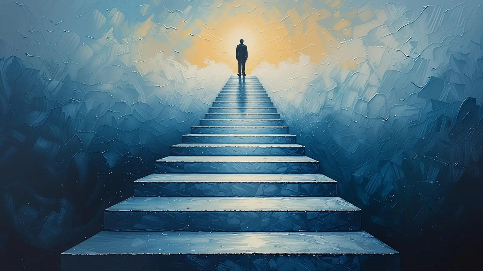 The 'First 90 Days': A 30-60-90 Day Plan for Starting a New Job Successfully A person stands at the top of a long staircase, symbolizing the journey of personal development and achieving success.