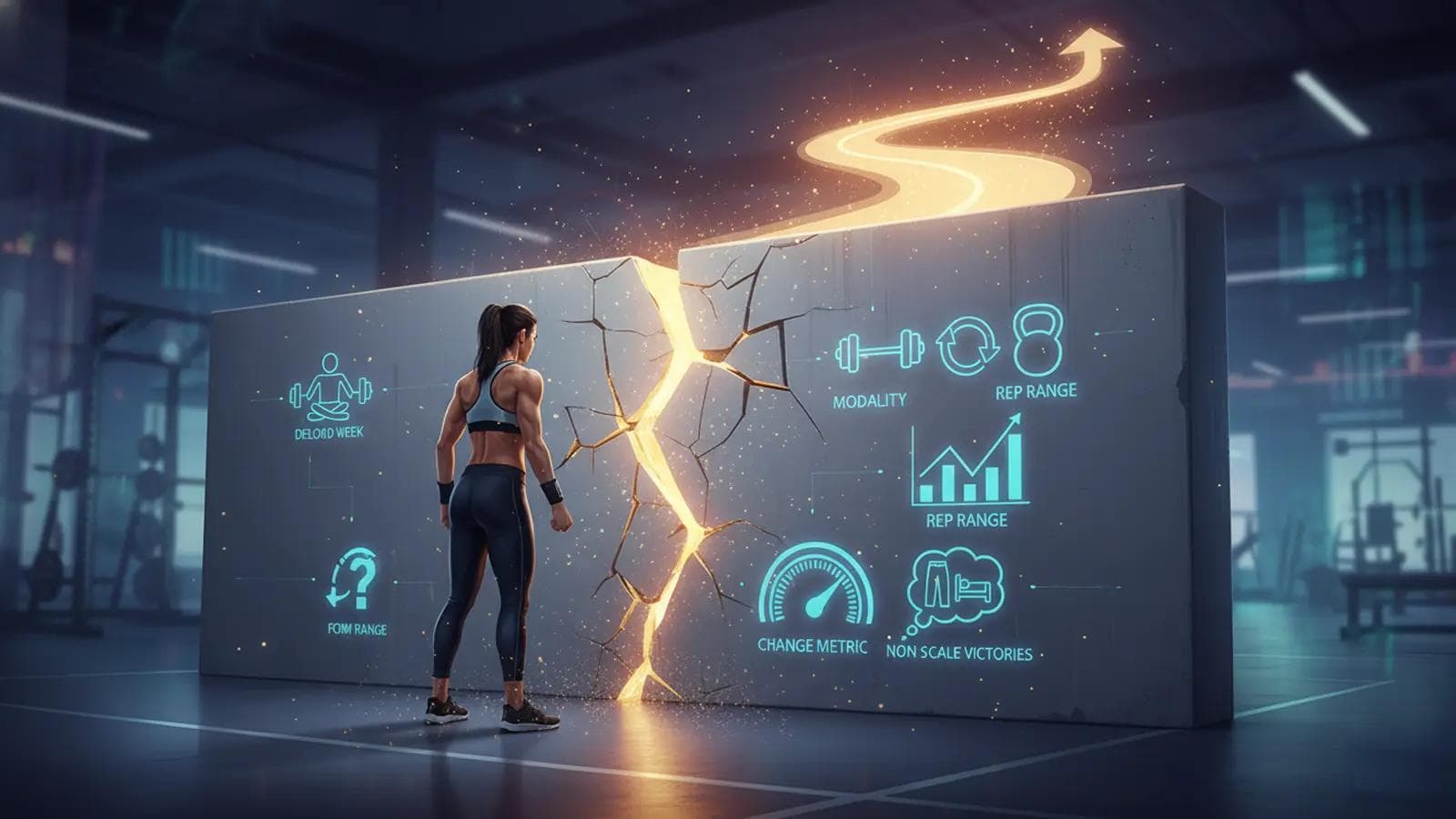 What Is a Deload Week? Ultimate Guide to Getting Stronger A determined woman faces a cracking concrete wall, symbolizing breaking a fitness plateau with illuminated strategies and persistence.