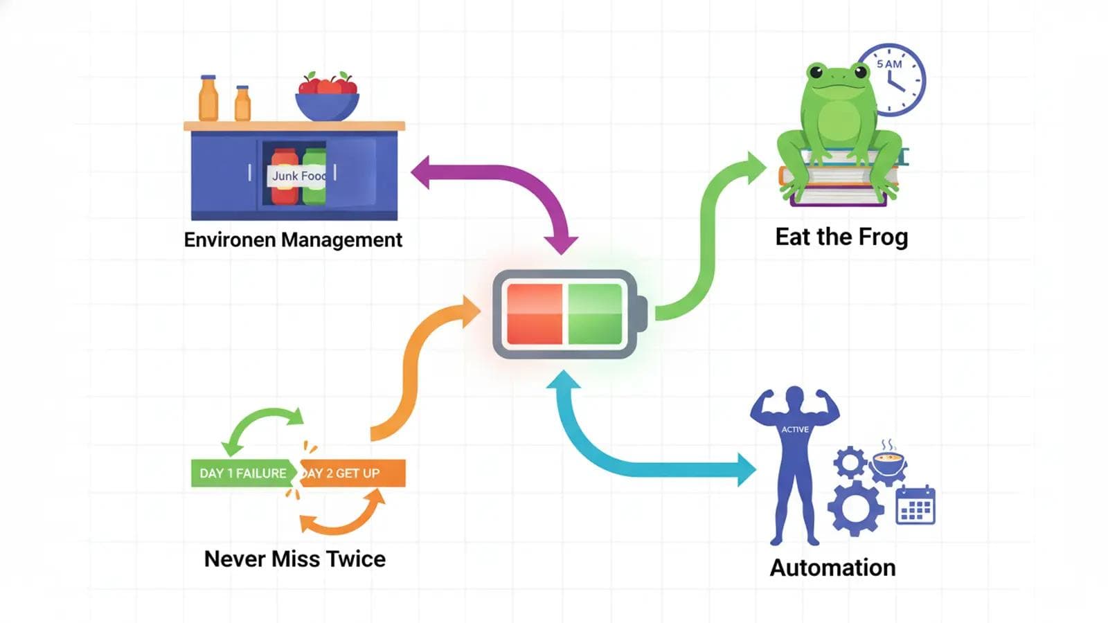 Build Self Discipline Without Willpower Digital illustration: battery icon surrounded by environment, "eat the frog," "never miss twice," and automation gears.