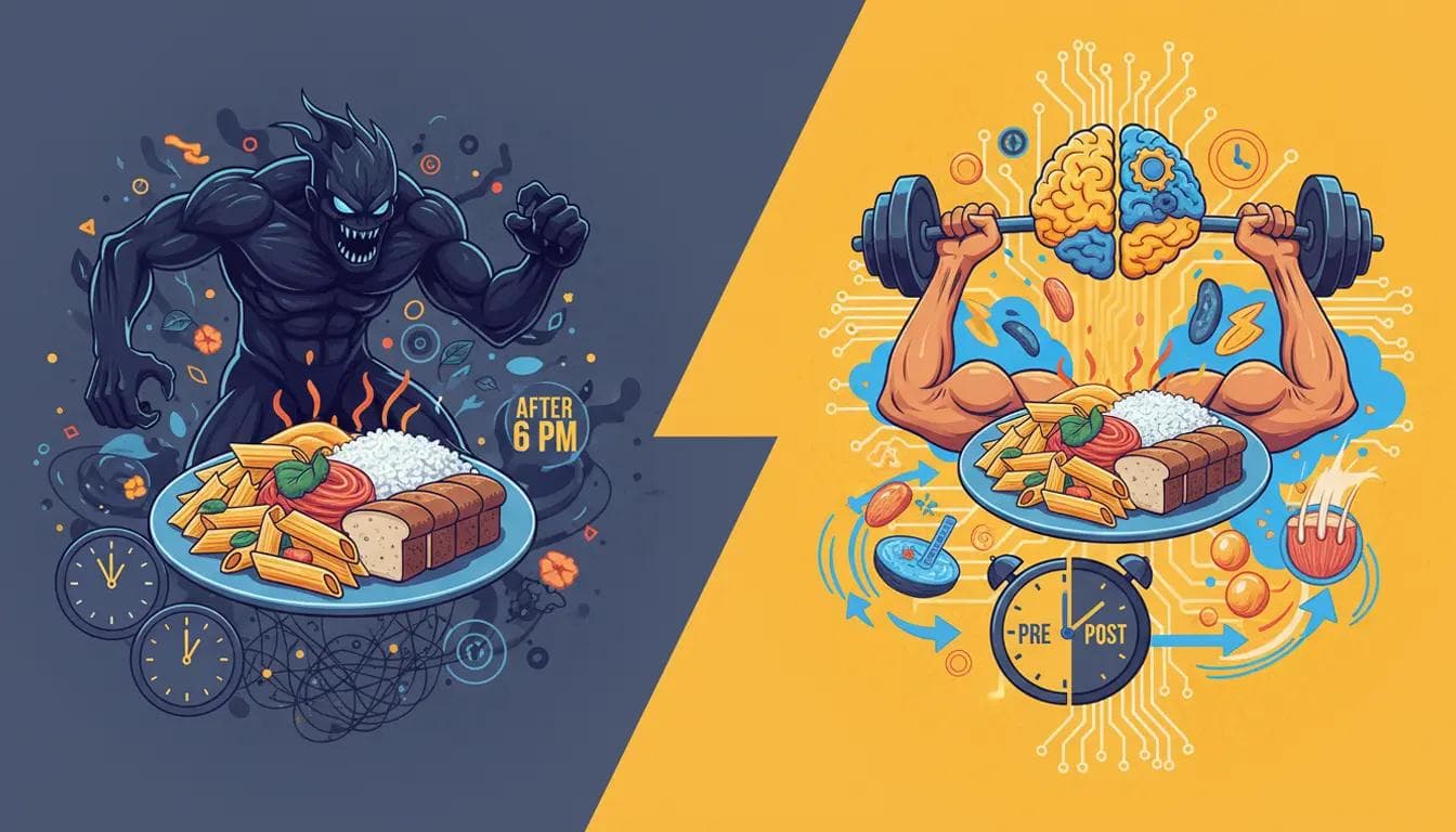 Ultimate Post Workout Nutrition Guide: Carb Myths Dynamic split image contrasting carb fears (monster, night eating) vs. smart carb use (brain, muscles, pre/post workout).