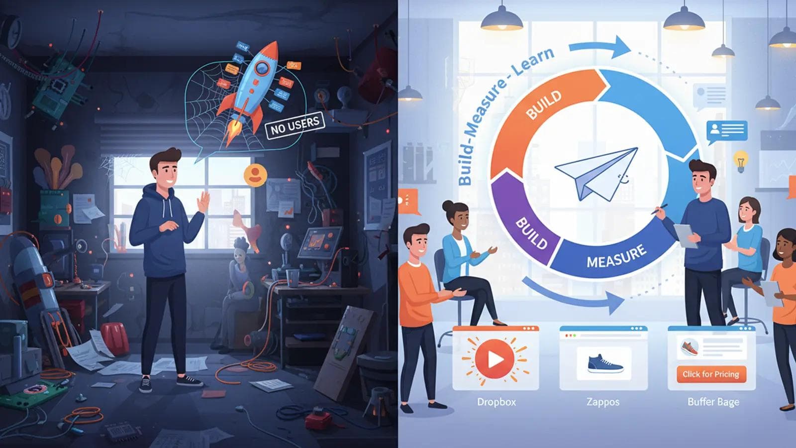 Minimum Viable Product (MVP): Lean Startup Guide + 5 Types & Examples Split image: lone founder with a perfect unused rocket vs. team using MVPs like Dropbox, Zappos, Buffer in Lean Startup loop.