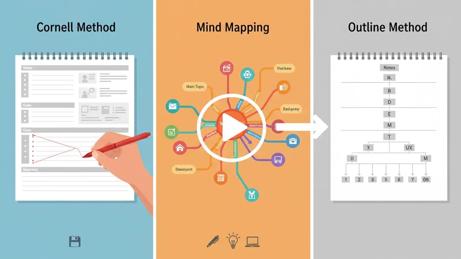 Cornell vs Mind Mapping vs Outline: Best Note Taking Method? A comparison of the Cornell Method, Mind Mapping, and the Outline Method for effective note-taking and organization.