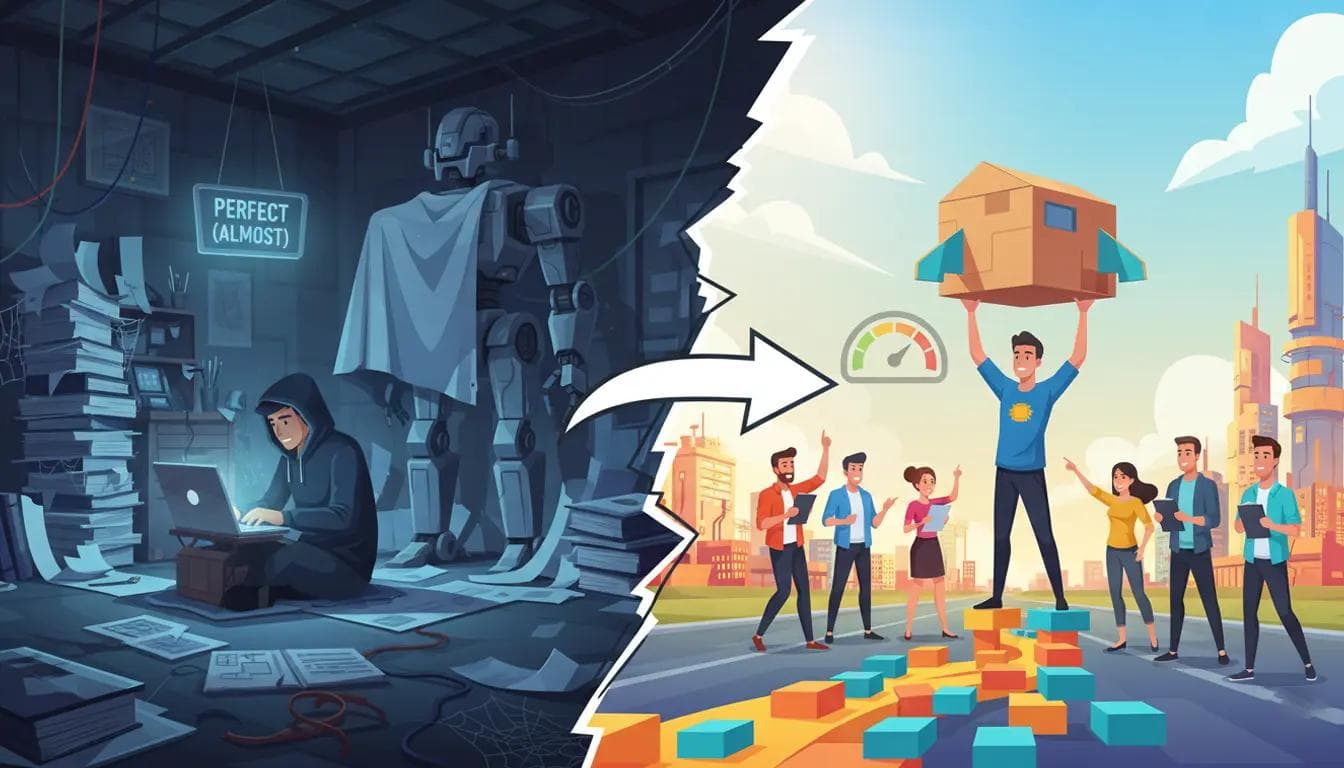 Proven Plan to Beat Entrepreneur Fear of Failure From a solo perfectionist in a dark garage to a dynamic team launching a product, showing the shift to agile entrepreneurship.
