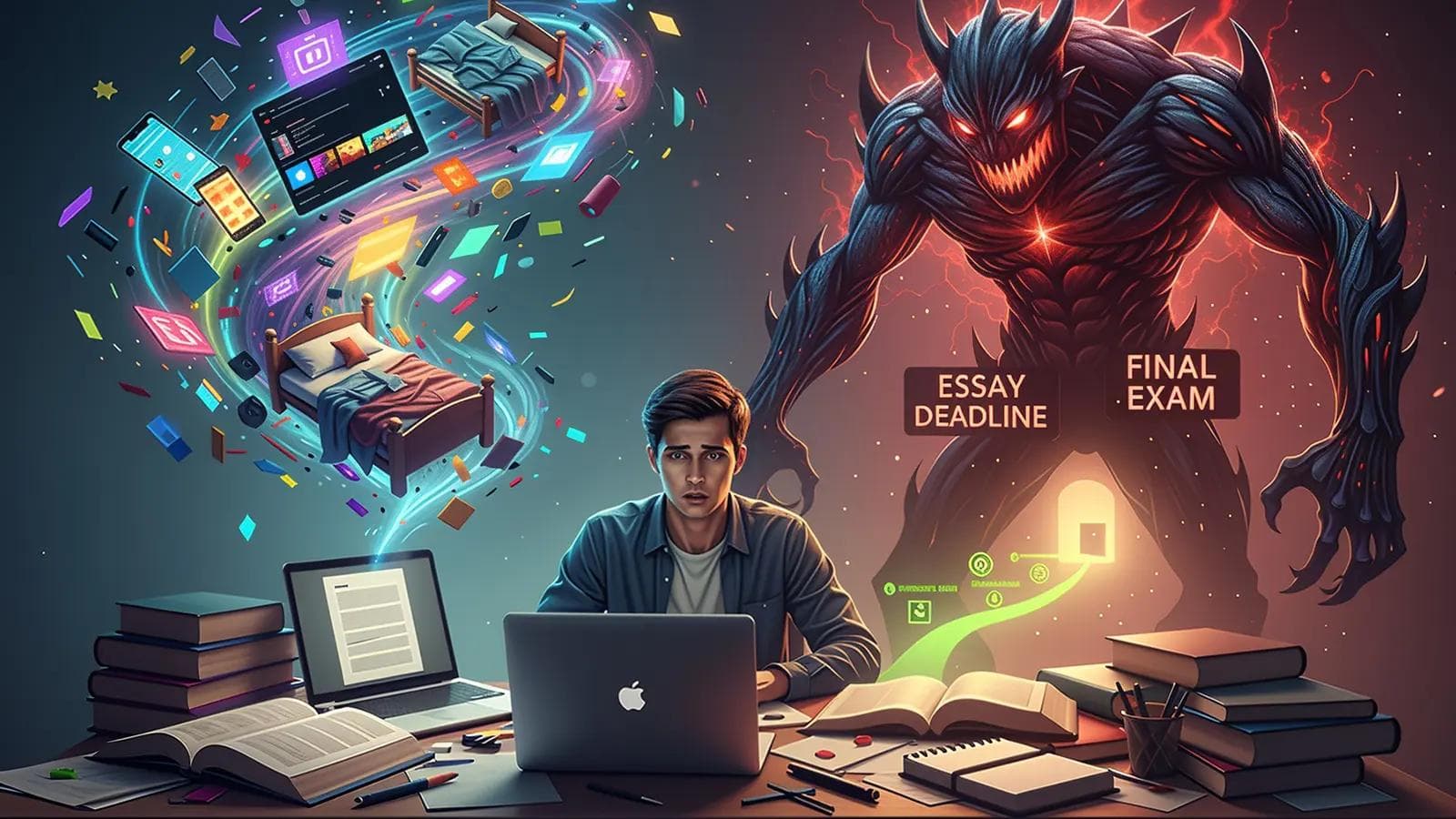 The Procrastination Killer: 5 Scientific Strategies to Stop Delaying and Start Studying A stressed student at a desk with a laptop, overwhelmed by distractions (social media, bed, videos) swirling on the left, while a menacing monster representing procrastination with "Essay Deadline" and "Final Exam" floats on the right, highlighting the struggle against delaying academic tasks.