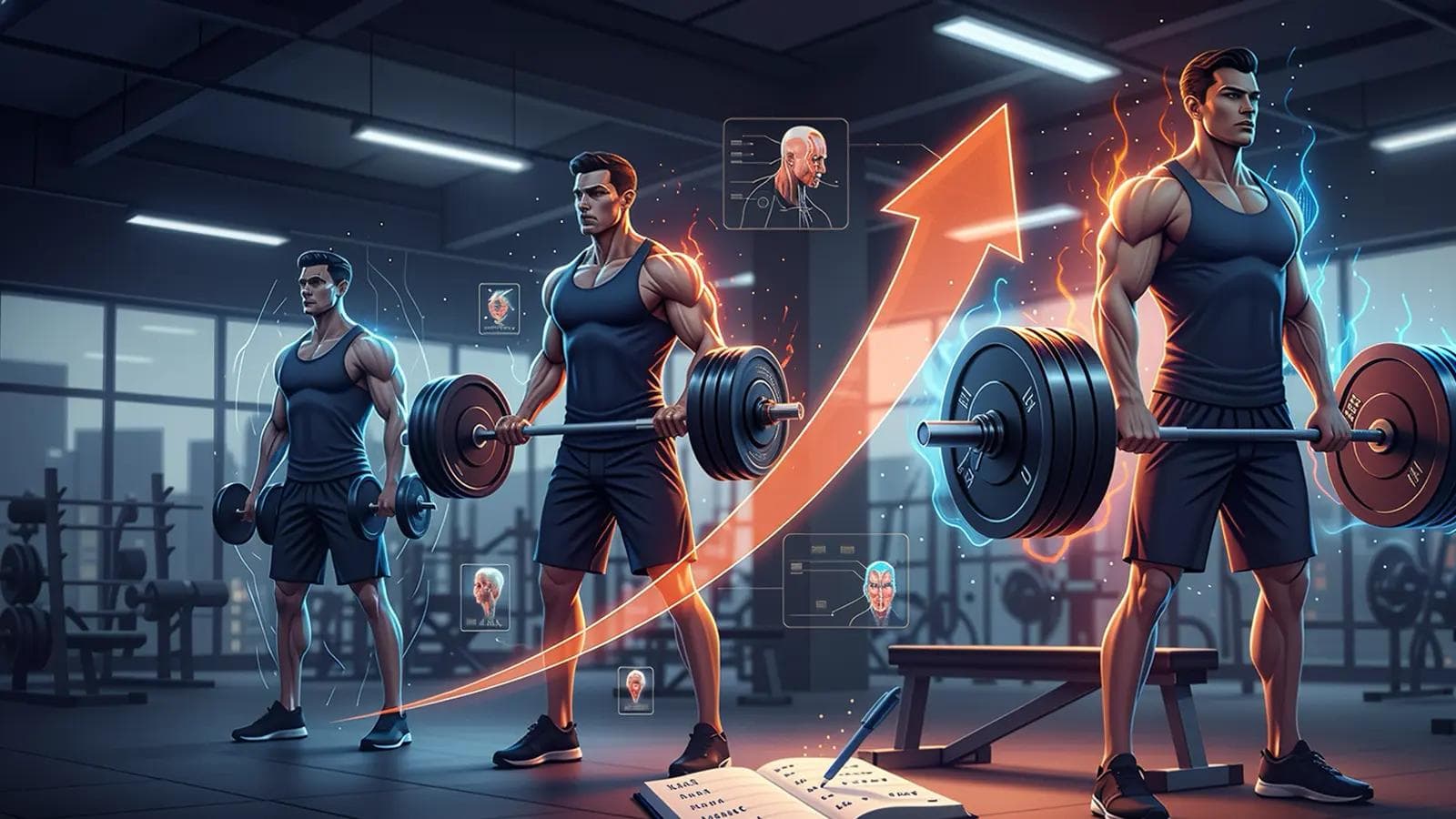 What is Progressive Overload? The First Rule for Muscle Growth A male lifter demonstrating progressive overload with increasing weights, reps, and sets, showing muscle growth in a modern gym.