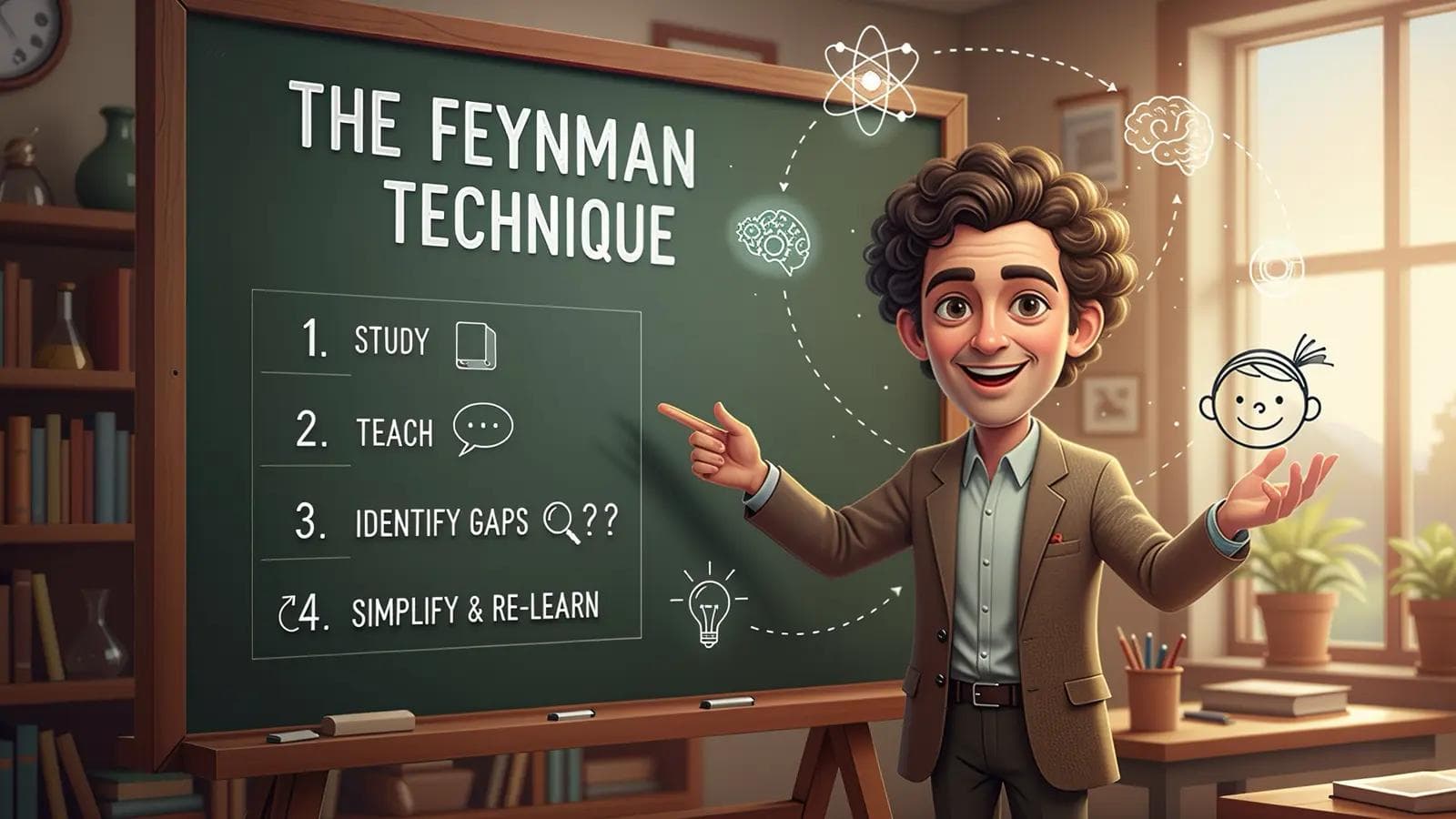 Feynman Technique: The Ultimate Guide to Learning Anything Faster A cartoon scientist explains the Feynman Technique on a blackboard with steps like study, teach, identify gaps, and simplify.