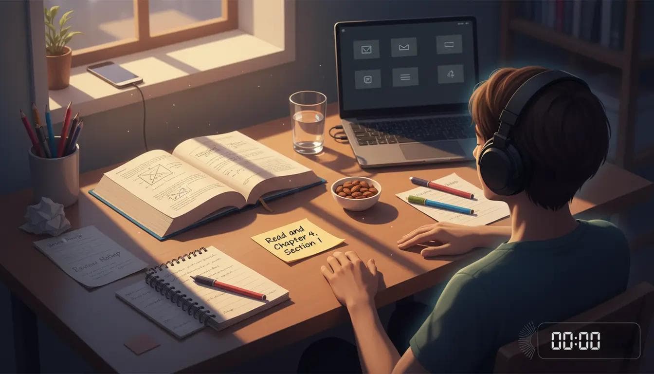Deep Focus Ritual: Start Any Study Session in 15 Min Student in a focused study session with headphones, laptop, textbook, water, and a note to summarize Chapter 4 Section 1.