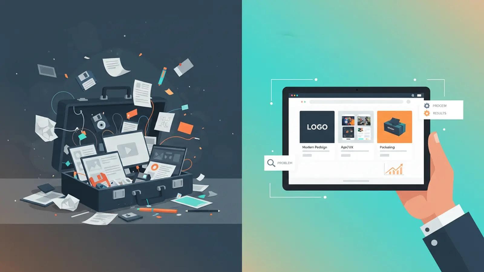 7 Proven Creative Portfolio Tips to Get Hired Comparison between a messy briefcase of unorganized files and a clean, digital portfolio showing logo and UX designs.