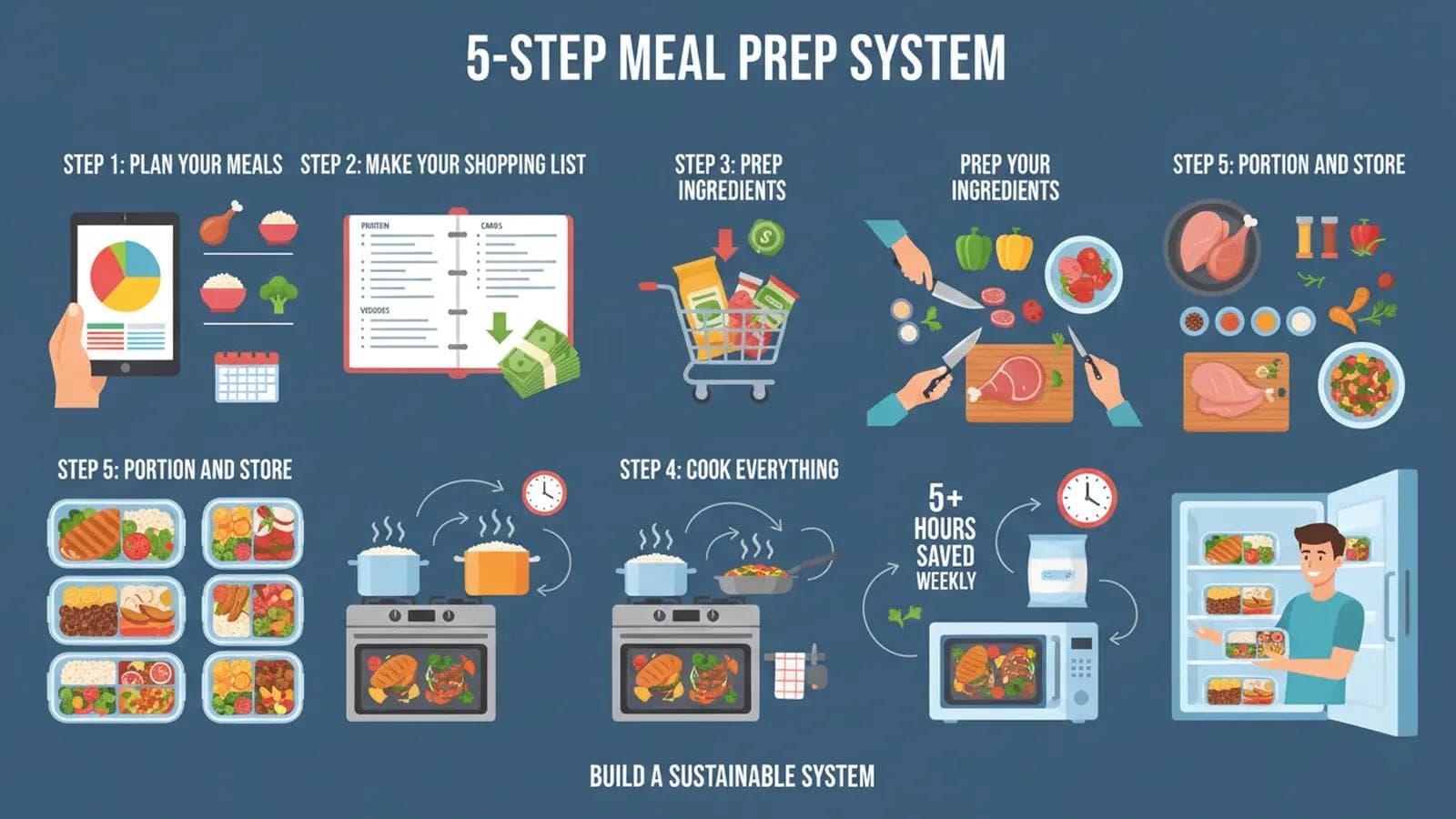 Meal Prep for Beginners: A Weekly Plan for Healthy Eating A step-by-step guide showing how to plan, shop, prep, cook, and store meals to save time during the week.