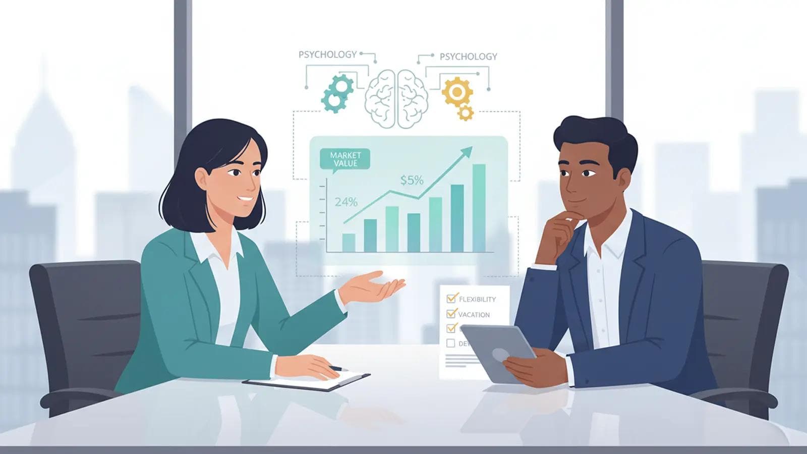 Salary Negotiation Strategies: How to Negotiate a Salary Offer Two professionals negotiate salary with a growth chart and psychology icons in the background, symbolizing strategy and confidence.