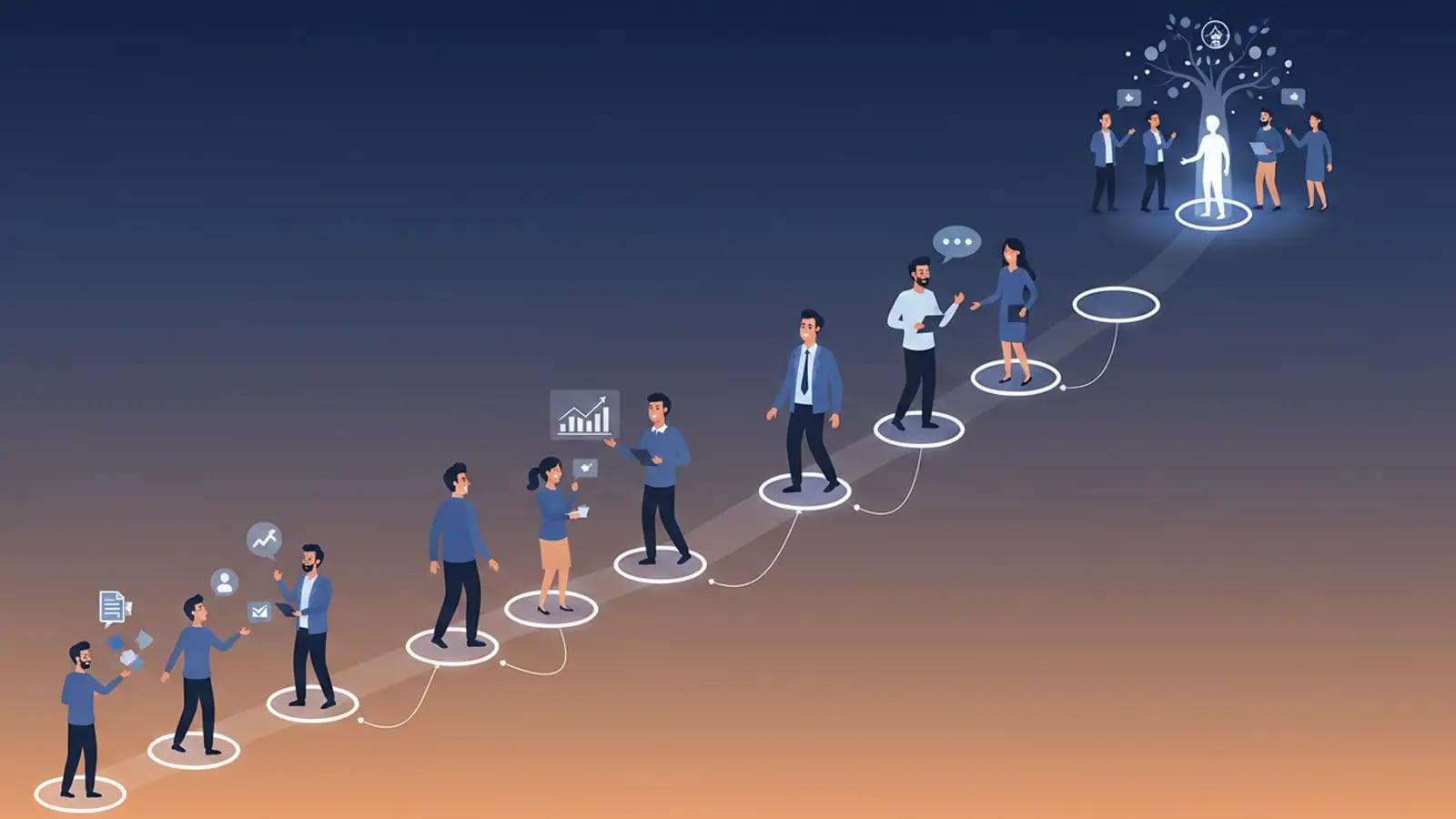 5 Proven Mentorship Strategies Without Asking Concept showing a professional journey of building connections, starting from small talks to a large expert network.