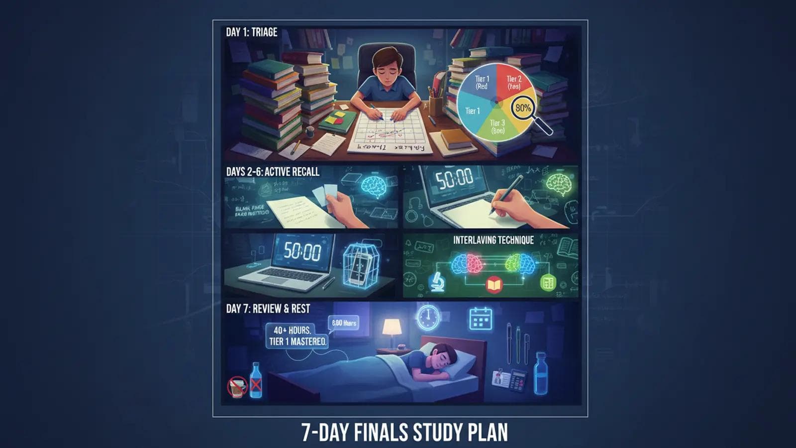 How to Study for Finals Week: A No-Cram Study Plan Infographic showing a 7-day study strategy using triage, active recall, interleaving, and review techniques.