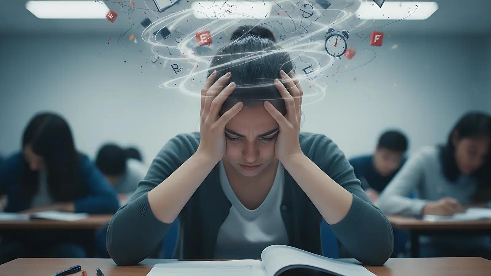 Test Anxiety Strategies: How to Overcome Exam Anxiety & Preparation Tips A stressed student with hands on head, surrounded by swirling academic elements, struggling with exam anxiety in a classroom.
