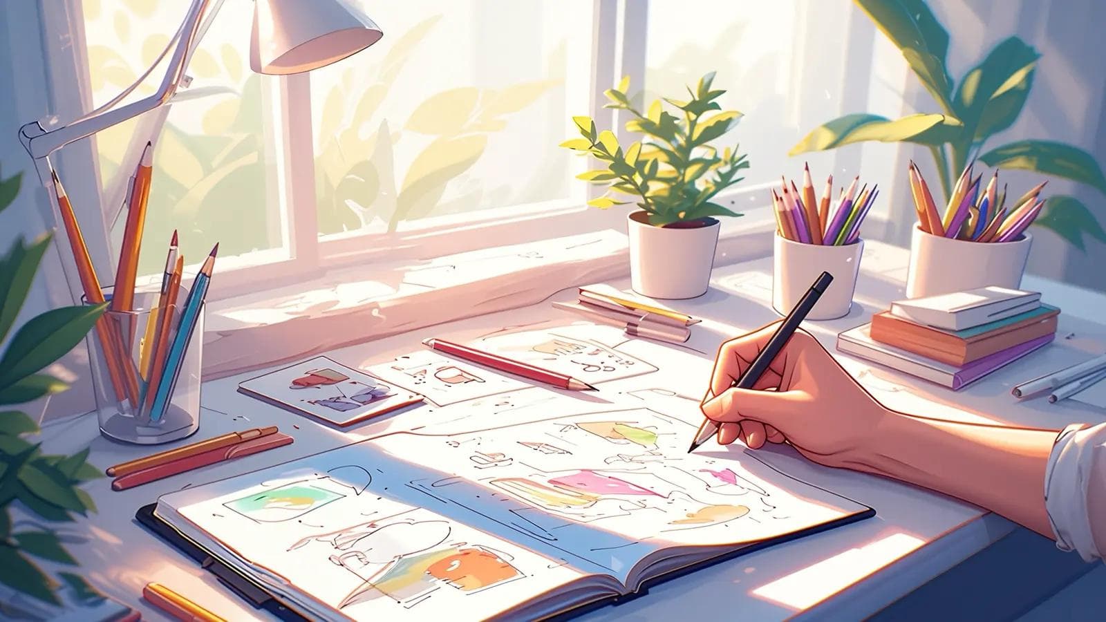 Finding Your Artistic Style: A 3-Step Process to a Unique Creative Voice Hand sketching colorful drawings in an open sketchbook on a sunlit artist desk with pencils, markers, and a plant near a window.