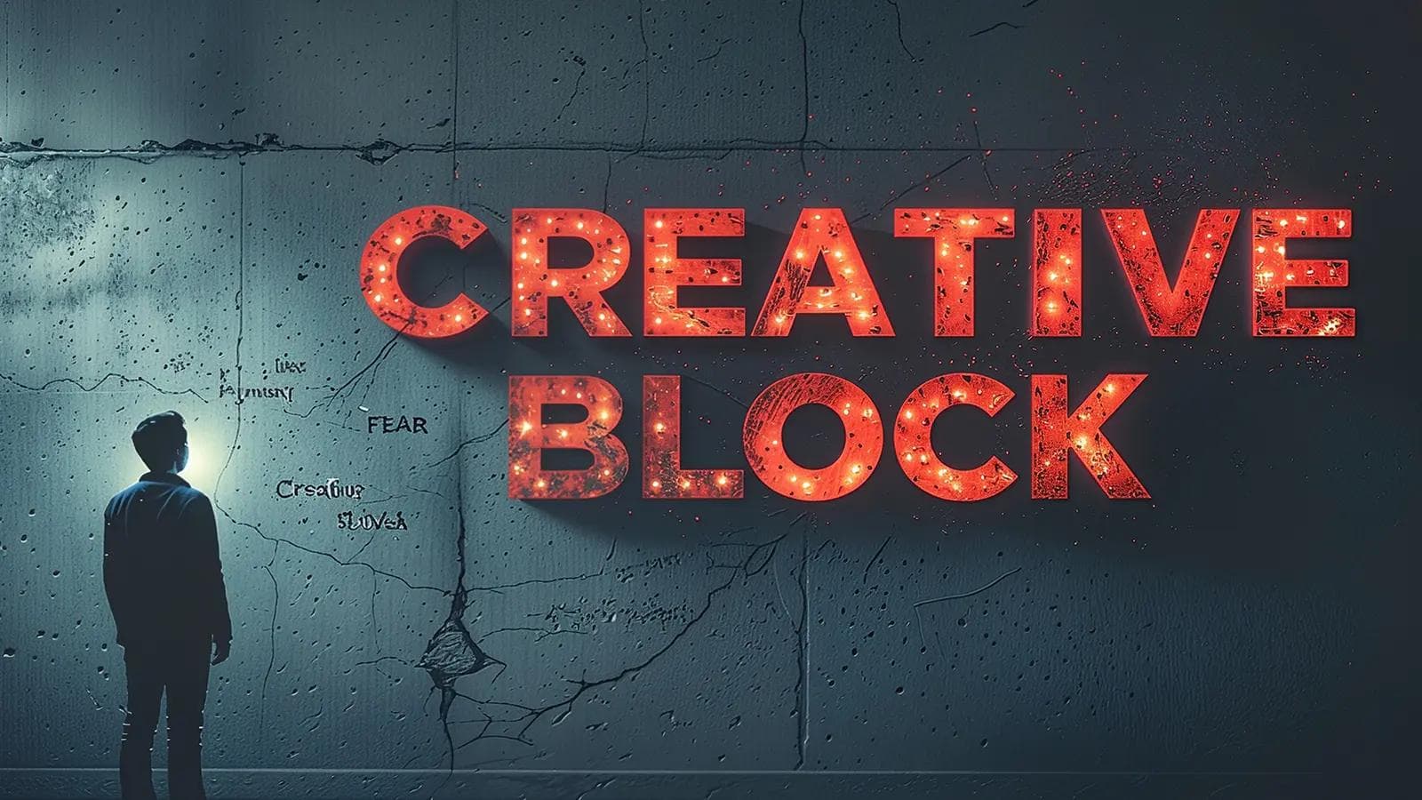 How to Beat Creative Block: 7 Psychological Triggers and How to Fix Them A person facing a large concrete wall with the words 'CREATIVE BLOCK' in glowing red letters, symbolizing the challenge of creative block and fear.