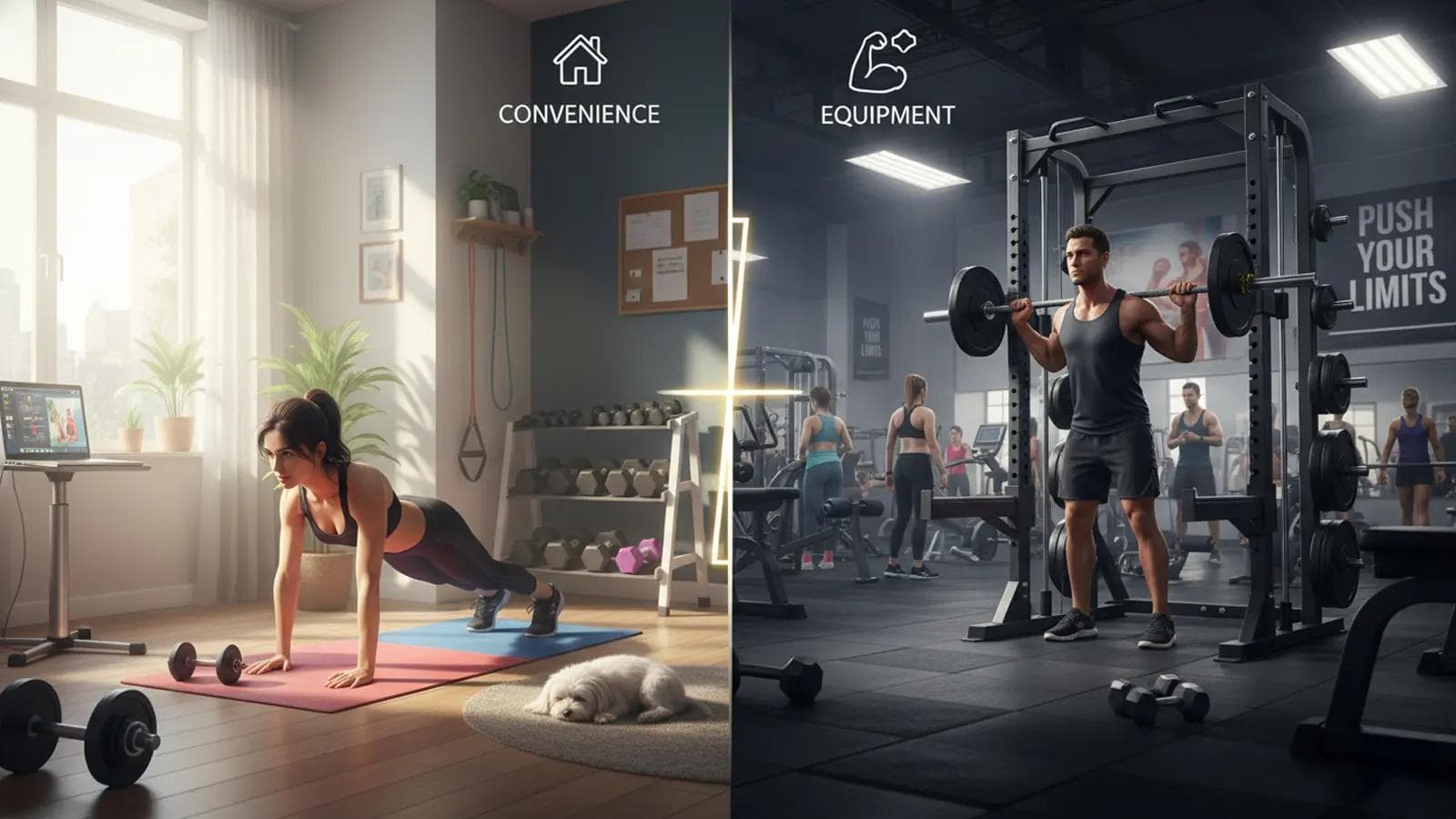 Home Workout vs Gym: Is Working Out at Home Effective? (Beginner Guide) Split image: woman doing dumbbell workout at home vs. man lifting in gym—convenience versus equipment contrast.