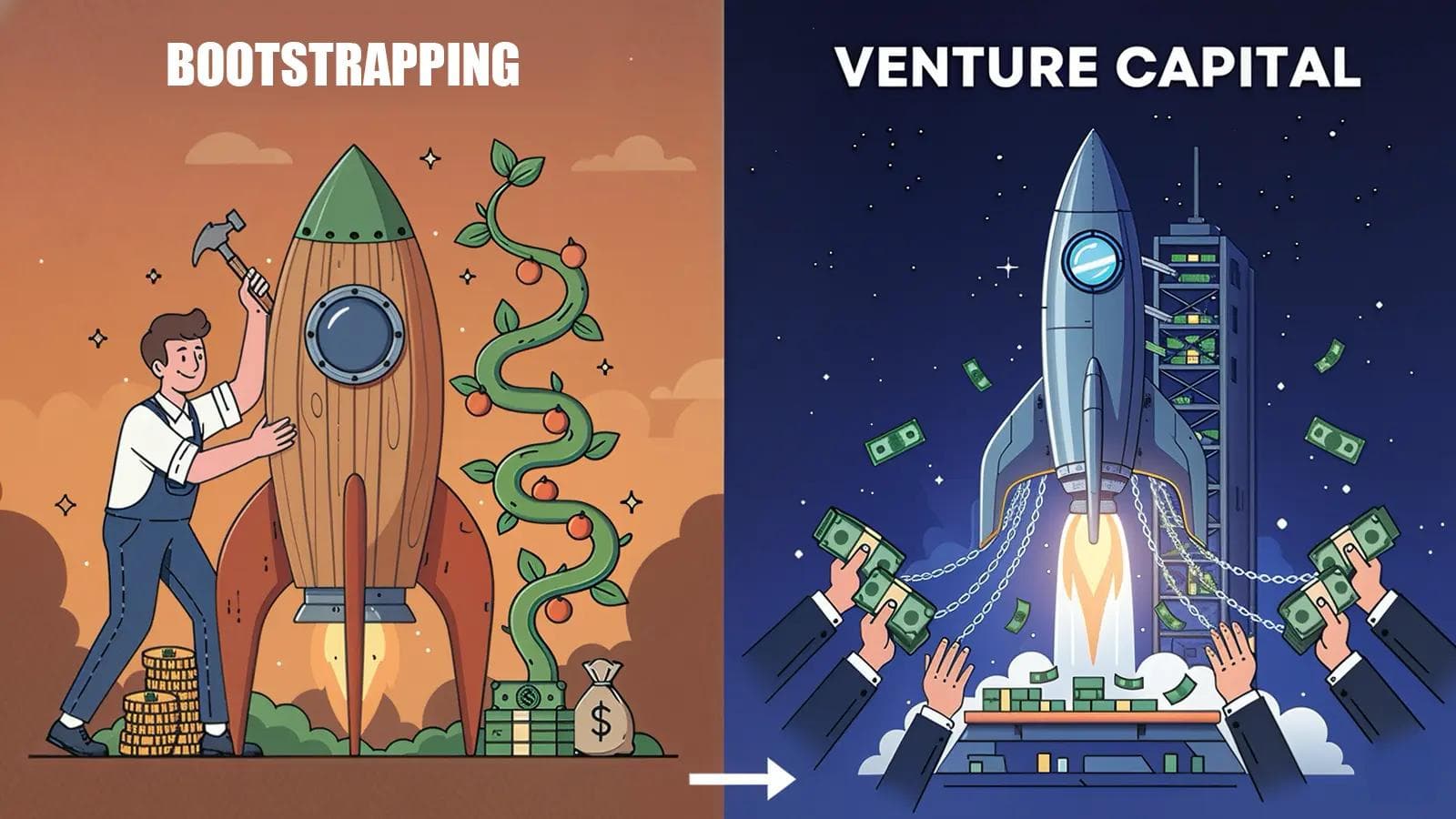 Startup Funding Options: Bootstrapping vs Venture Capital Explained Visual comparison of bootstrapping (self-built rocket) and venture capital (investor-funded rocket) startup funding paths.