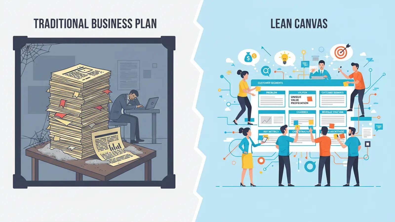 The Lean Canvas: How to Write a One-Page Business Plan Comparison of a dusty, thick traditional business plan versus a collaborative and agile Lean Canvas model.