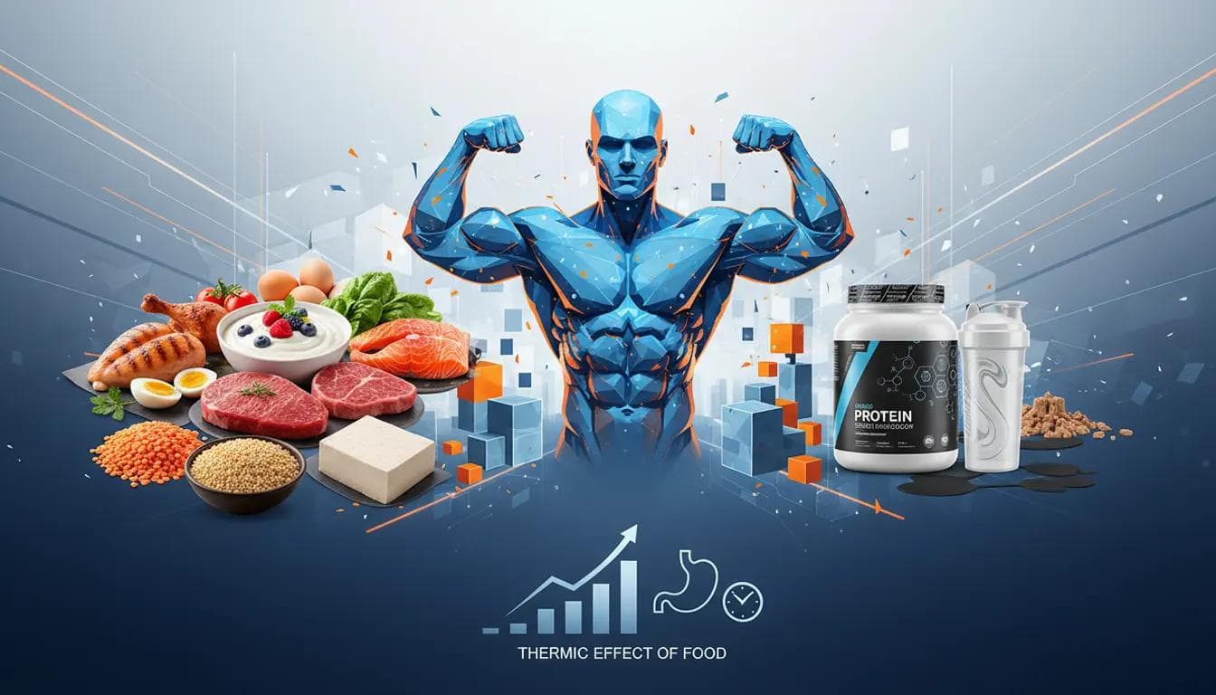 How Much Protein to Build Muscle? The Complete Guide A powerful blue athletic figure surrounded by diverse protein sources like chicken, fish, eggs, and supplements.
