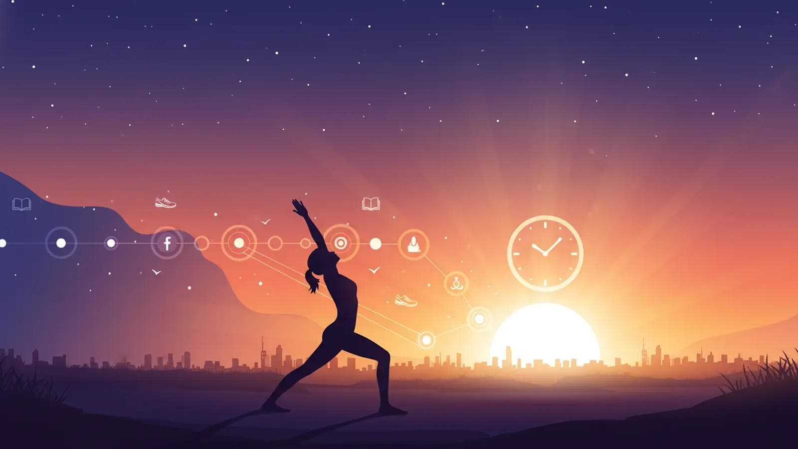 The 5 AM Club Method: How to Wake Up Early & Own Your Morning A silhouette of a woman in a warrior yoga pose greets the sunrise over a city, symbolizing morning energy and personal growth.